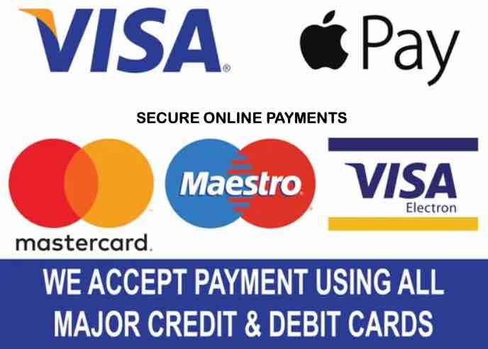 Visa, apply pay, mastercard, maestro, visa debit WE ACCEPT PAYMENT USING ALL MAJOR CREDIT & DEBIT CARDS