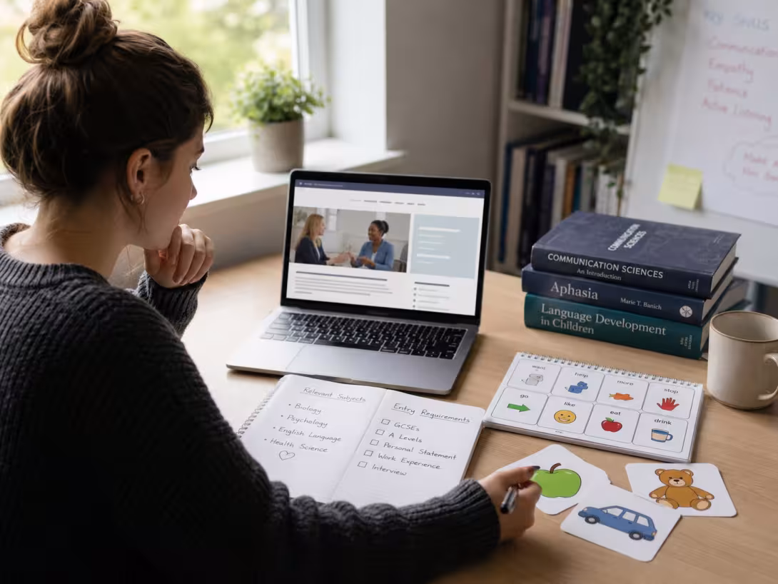 A woman searches for information regarding a speech therapy course